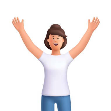 Genç, gülümseyen kadın Jane elini kaldırdı. Kutlama, gol başarısı, zafer ve kazanma konsepti. 3d vektör insan karakteri. Çizgi film biçimi.