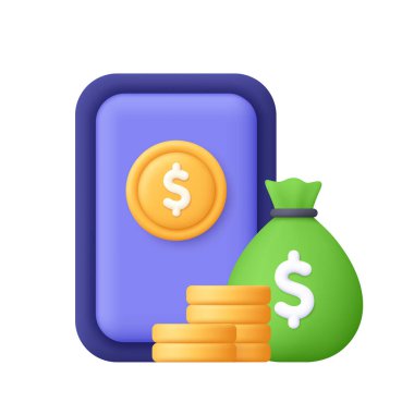 Paralı akıllı telefon, bozuk para yığını ve para çantası. Mobil bankacılık, dijital ödeme, finans konsepti 3d vektör ikonu. Çizgi film biçimi.