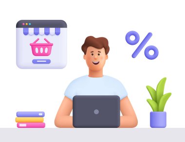 James 'in internetten satın aldığı gülümseyen genç adam, dizüstü bilgisayarla. Çevrimiçi alışveriş, ev teslimatı, e-ticaret, indirim ve satış konsepti. 3d vektör insan karakteri. Çizgi film biçimi.