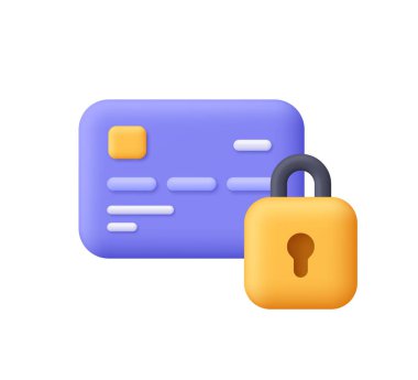 Kredi kartı ve asma kilit. Güvenli para ödemesi, finansal güvenlik konsepti. 3d vektör simgesi. Çizgi film biçimi.