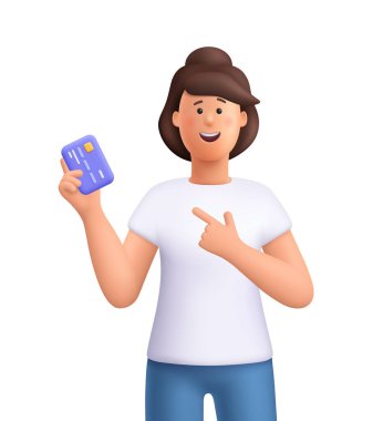 Jane 'in elinde tuttuğu ve kredi kartı ya da dijital ödeme kartına işaret ettiği gülümseyen genç kadın. Ödeme, bankacılık ve alışveriş konsepti. 3d vektör insan karakteri. Çizgi film biçimi.