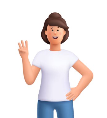 Genç gülümseyen kadın Jane üç parmak hareketi yapıyor, üç numara. 3d vektör insan karakteri. Çizgi film biçimi.