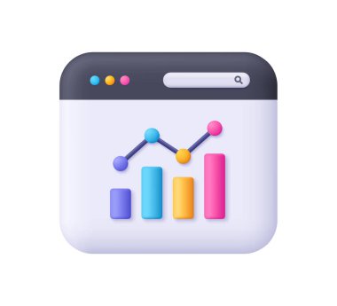 Web sayfası ve yukarı doğru oklu büyüme çubuğu grafiği. Finansal borsa, veri analizi ve iş konsepti. 3d vektör simgesi. Çizgi film biçimi.