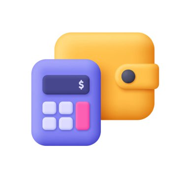 Sarı cüzdan ve üzerinde dolar işareti olan mor hesap makinesi. Bütçe, finansal planlama, muhasebe, harcamalar ve tasarruf konsepti. 3d vektör simgesi. Çizgi film biçimi.