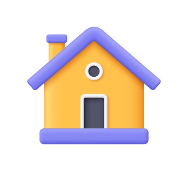 Mor çatılı sarı ev. Emlak, akıllı ev, ipotek konsepti. 3d vektör simgesi. Çizgi film biçimi.