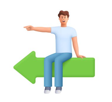 Genç gülümseyen adam James büyük yeşil bir ok levhasının üzerinde oturuyor ve sol tarafı işaret ediyor. İş kararı, iş yönetimi ve liderlik. 3d vektör insan karakteri. Çizgi film biçimi.