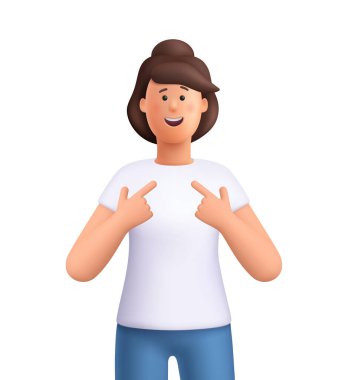 Genç, gülümseyen kadın Jane iki eliyle kendini işaret ediyor. Gurur, güven ve başarı konsepti öneriyor. 3d vektör insan karakteri. Çizgi film biçimi.