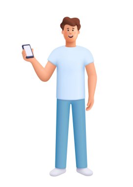 Genç gülümseyen adam James akıllı telefon ekranını tutuyor ve gösteriyor. Mobil uygulamalar, iletişim, sosyal medya, dijital yaşam tarzı konsepti. 3d vektör insan karakteri. Çizgi film biçimi.