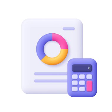 Diyagram pasta grafiği ve hesap makinesi olan mali rapor belgesi. İş finans raporu, veri analizi, finansal planlama konsepti. 3d vektör simgesi. Çizgi film biçimi.