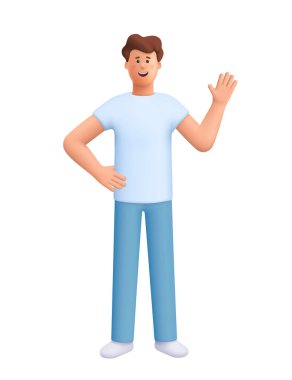 Young smiling man James standing with greeting waving gesture and with hands on her hips. 3d vector people character. Cartoon minimal style.