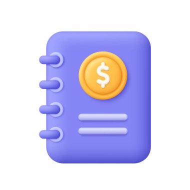 Kapağında altın para sembolü olan defter ya da kitap. Muhasebe, finans, muhasebe, bütçe kavramı. 3d vektör simgesi. Çizgi film biçimi.