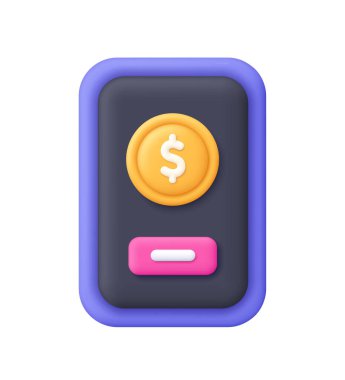 Mor akıllı telefon ekranı ve altın para. Mobil bankacılık, dijital ödeme, son teknoloji 3d vektör ikonu. Çizgi film biçimi.