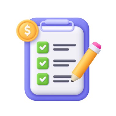 Kontrol listesi, kalem ve dolar parası olan bir pano. Finansal planlama, bütçe işleri, para yönetimi ve iş stratejisi kavramı. 3d vektör simgesi. Çizgi film biçimi.