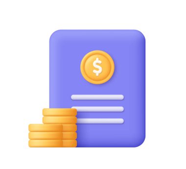 Maddi belge ya da altın sikke sembolü ve madeni para destesi içeren rapor. Finans, muhasebe, bütçe ve yatırım konsepti. 3d vektör simgesi. Çizgi film biçimi.