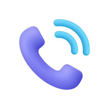 Mor telefon ahizesi ve mavi sinyal çalan dalgalar. Telefon, müşteri hizmetleri, destek, iletişim konsepti. 3d vektör simgesi. Çizgi film biçimi.