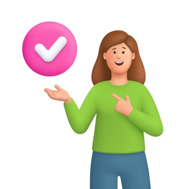 Genç gülümseyen kadın Kate ve işaretli işaretli daire tuşuna işaret ediyor. Onay, başarı ve tamamlanmış görev konsepti. 3d vektör insan karakteri. Çizgi film biçimi.