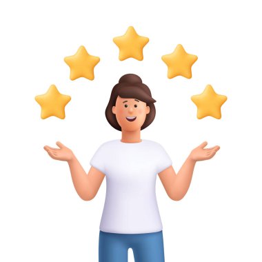 Genç, gülümseyen kadın Jane beş altın yıldızı işaret ediyor. Pozitif geri bildirim, yüksek not ve müşteri değerlendirme konsepti. 3d vektör insan karakteri. Çizgi film biçimi.