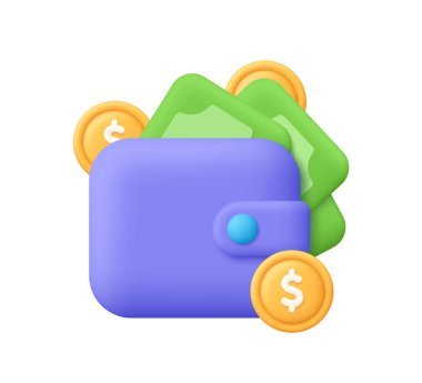 Yeşil banknotlu mor cüzdan ve dolar işaretli altın paralar. Finans, yatırım, bütçe, tasarruf ve dijital ödeme kavramı. 3d vektör simgesi. Çizgi film biçimi.