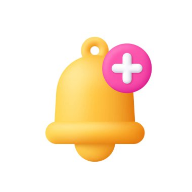 Sarı uyarı zili, pembe daire rozeti ve beyaz artı işareti. Sosyal medya, bilgilendirme, yeni mesaj, abonelik ve uyarı sembolü. 3d vektör simgesi. Çizgi film biçimi.