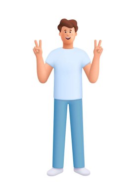 Genç gülümseyen adam James iki eliyle barış işareti gösteriyor. 3d vektör insan karakteri. Çizgi film biçimi.
