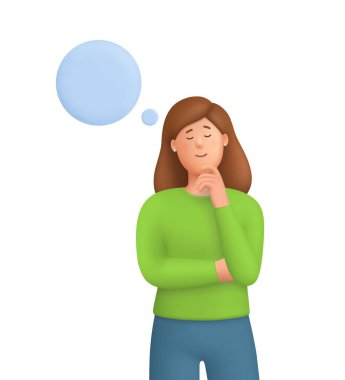 Genç kadın Kate, gözleri kapalı ve eli çenesinde, düşünüyor ve hayal kuruyor. Zihin davranışı, zihinsel zihniyet, yaratıcı düşünce konsepti. 3d vektör insan karakteri. Çizgi film biçimi.