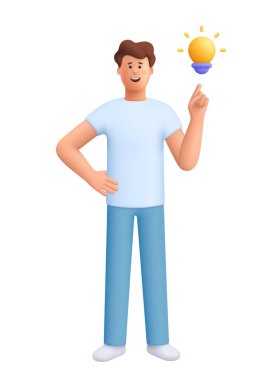 Genç gülen adam James ampulü işaret ediyor. Yeni fikir, yaratıcılık, yenilik, problem çözme, beyin fırtınası ve başlangıç konsepti. 3d vektör insan karakteri. Çizgi film biçimi.