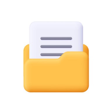 Metin satırlı sarı klasör ve belge dosyası. İş, dosya yönetimi konsepti. 3d vektör simgesi. Çizgi film biçimi.