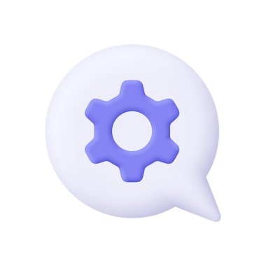 Mor dişli beyaz konuşma balonu. Ayarlar, yapılandırma, teknik destek, tercihler, araçlar ve bakım konsepti. 3d vektör simgesi. Çizgi film biçimi.