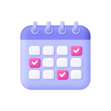 Mor takvim veya işaretli tarihleri ve işaretleri olan planlayıcı. Zaman yönetimi, planlama, mühlet, organizasyon, hatırlatıcılar ve önemli olaylar konsepti. 3d vektör simgesi. Çizgi film biçimi.