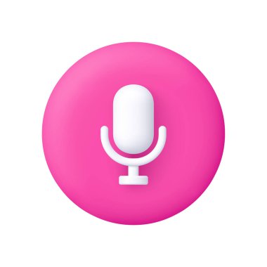 Pembe daire tuşlu beyaz mikrofon. Yayınlar, röportajlar, podcast, ses kaydı, müzik ve ses uygulaması konsepti. 3d vektör simgesi. Çizgi film biçimi.