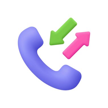 Gelen ve giden aramaları temsil eden iki oklu mor bir telefon. Telefon görüşmesi, telekomünikasyon, iletişim, destek ya da müşteri hizmetleri konsepti. 3d vektör simgesi. Çizgi film biçimi.