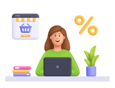 Kate 'in internetten satın aldığı gülümseyen genç kadın, dizüstü bilgisayar kullanıyor. Çevrimiçi alışveriş, ev teslimatı, e-ticaret, indirim ve satış konsepti. 3d vektör insan karakteri. Çizgi film biçimi.