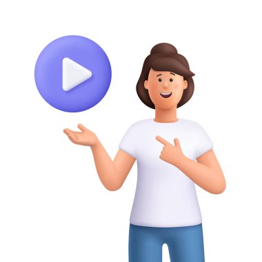 Genç gülümseyen kadın Jane büyük mor bir oyun düğmesini işaret ediyor. Multimedya, video içeriği, çevrimiçi yayın ve eğlence konsepti. 3d vektör insan karakteri. Çizgi film biçimi.