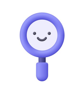 Purple magnifying glass with a happy smiling face. Discovery, research, search, analysis and investigation concept. 3d vector icon. Cartoon minimal style.