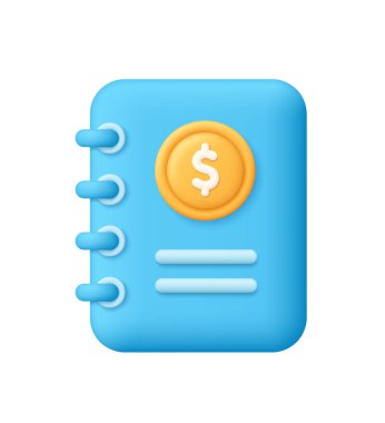 Kapağında altın para olan mavi defter. İş, bankacılık, finans kayıtları, muhasebe, bütçe, tasarruf ve para yönetimi kavramı. 3d vektör simgesi. Çizgi film biçimi.