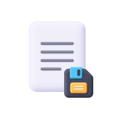 Siyah disketli belge dosyası. Dosya yönetimi, veri kaydetme, ofis işi, kaydetme ve arşivleme dosyaları. 3d vektör simgesi. Çizgi film biçimi.