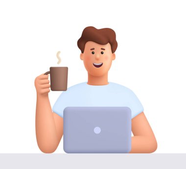 Genç gülümseyen adam James dizüstü bilgisayarda çalışıyor ve elinde kahve tutuyor. Uzaktan çalışma, serbest çalışma, çevrimiçi eğitim ve sosyal medya kavramı. 3d vektör insan karakteri. Çizgi film biçimi.