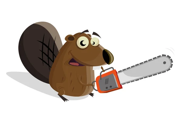Funny Cartoon Beaver Chainsaw — Stock Vector