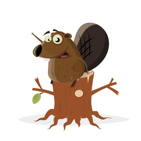 Funny Cartoon Beaver Sitting Trunk — Stock Vector
