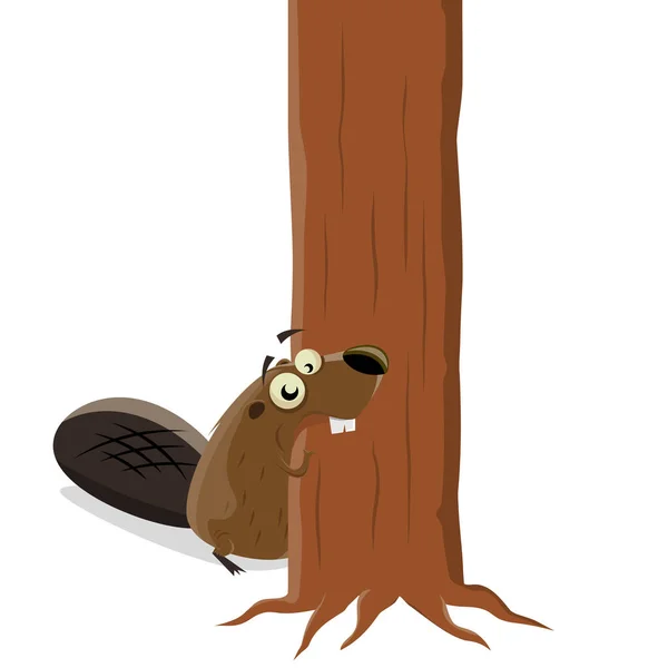 Funny Cartoon Illustration Beaver Biting Tree — Stock Vector