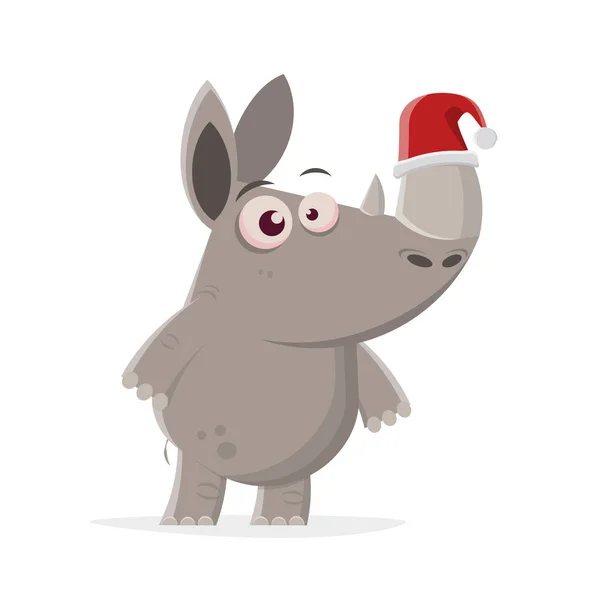 Lustige Illustration Eines Karikatur Nashorns Mit Weihnachtsmann Hut Auf Seinem — Stockvektor
