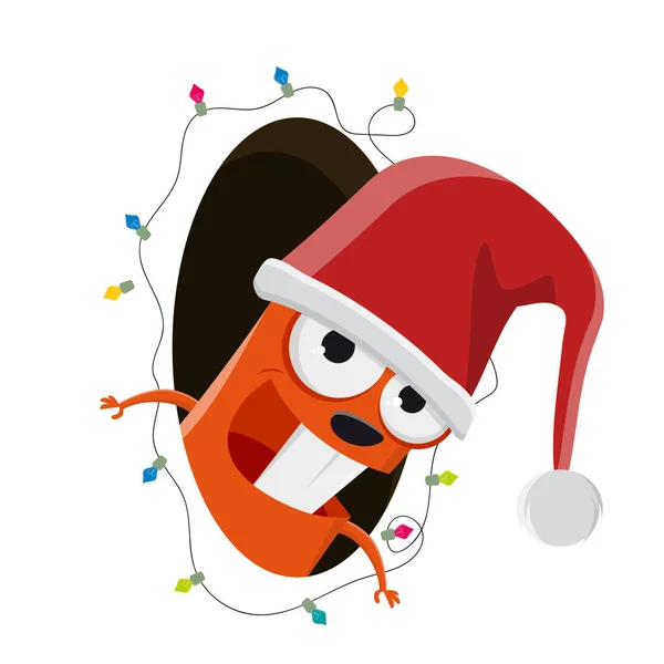 滑稽的卡通松鼠 头戴圣诞礼帽 从一个装饰着圣诞装饰品的洞里往外看 — 图库矢量图片