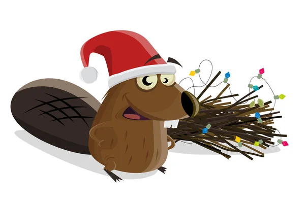 Funny Cartoon Beaver Christmas Decoration His Dam — Stock Vector