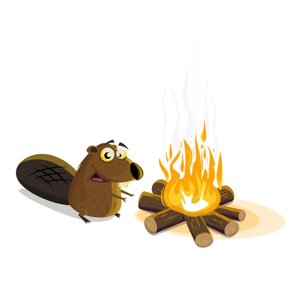 Funny Cartoon Illustration Happy Beaver Warming Campfire — Stock Vector
