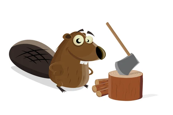 Funny Cartoon Illustration Happy Beaver Making Firewood — Stock Vector