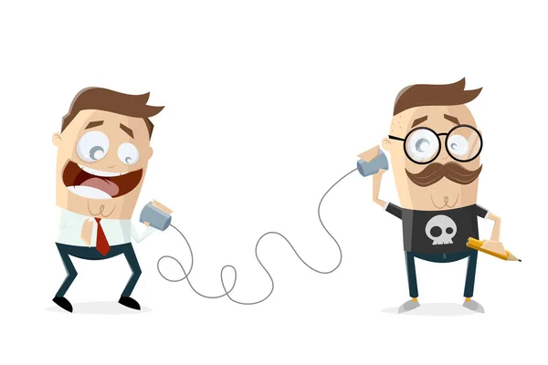 Divertente Illustrazione Del Cartone Animato Conversazione Utilizzando Telefono Tazza — Vettoriale Stock