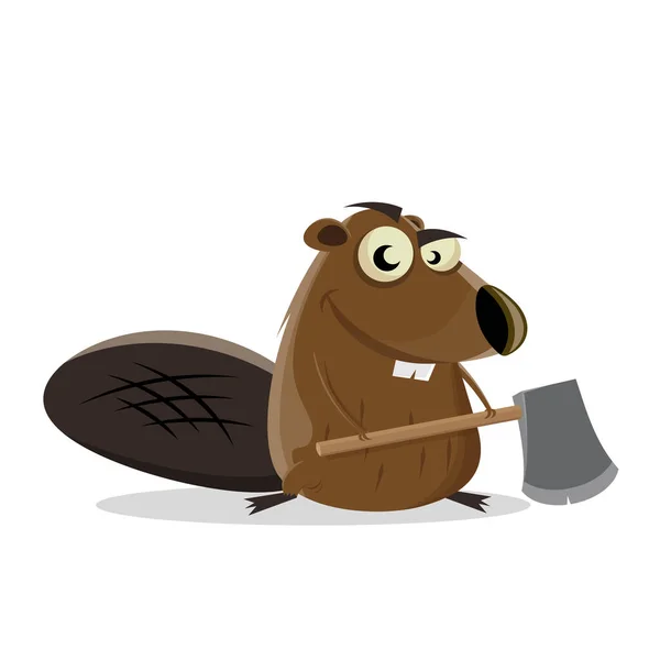 Funny Cartoon Illustration Happy Beaver Holding Big Axe — Stock Vector