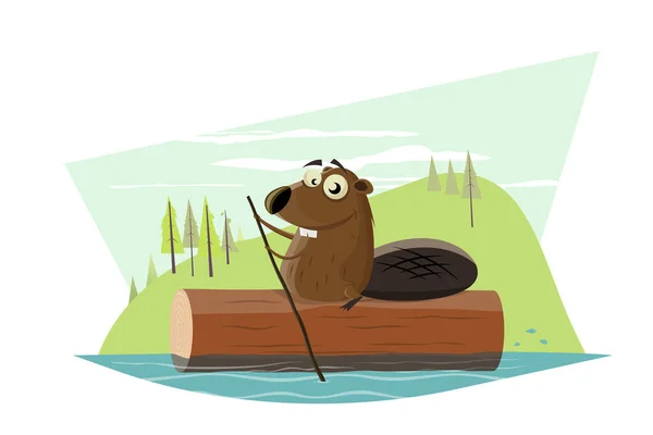 Funny Cartoon Beaver Riding Tree Log Grafika Wektorowa