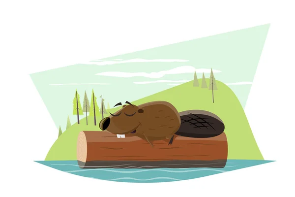Funny Cartoon Beaver Sleeping Tree Log Ilustracja Stockowa