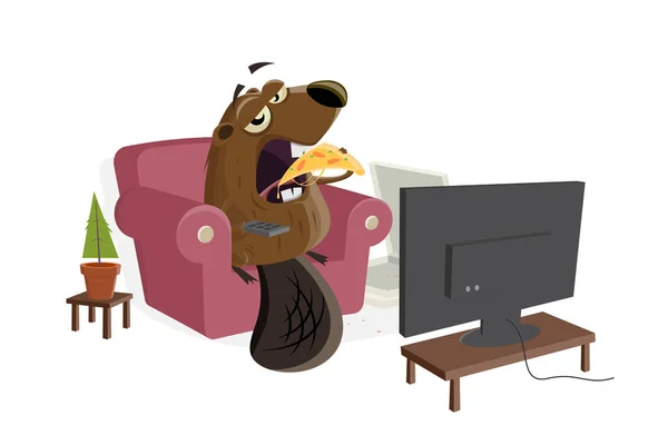 Funny Cartoon Beaver Eating Pizza Watching — ストックベクタ